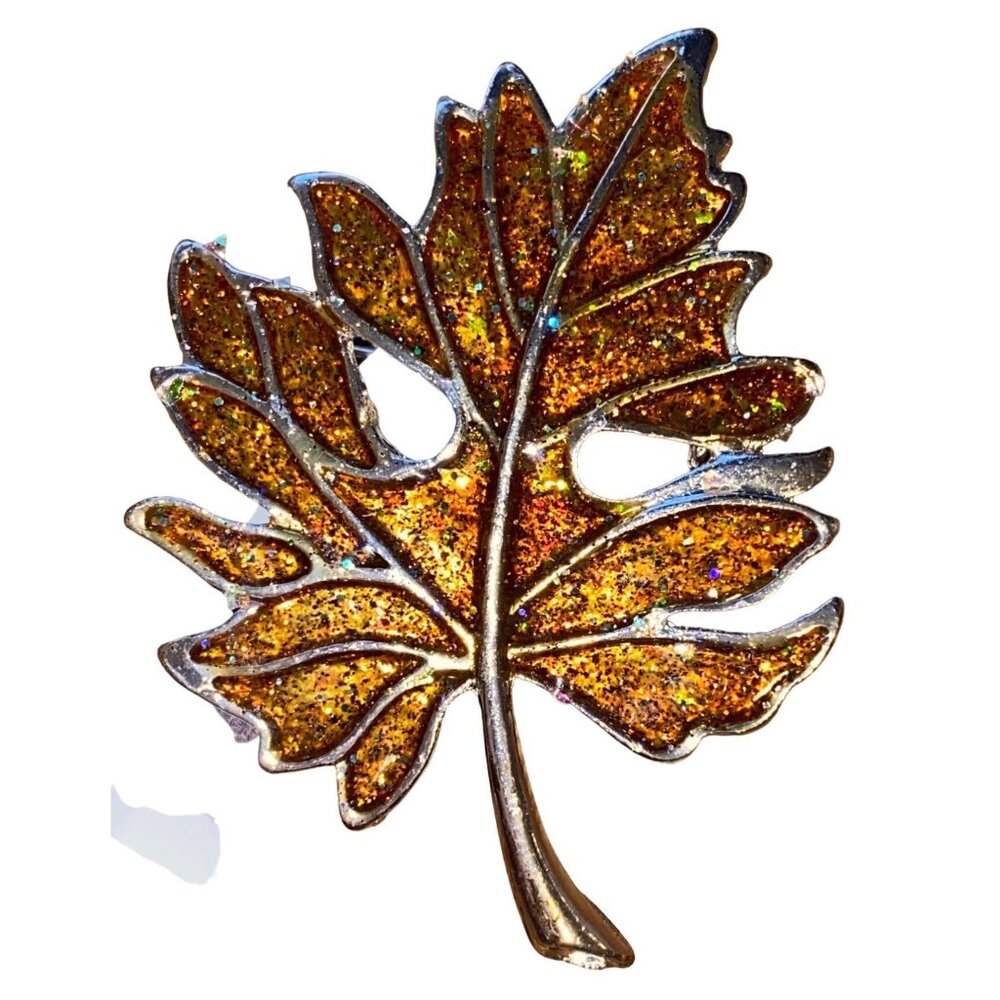 Sparkly Autumn Leaf Brooch - Glittery Gold & Silver Pin For The Leaf Lover In Yo